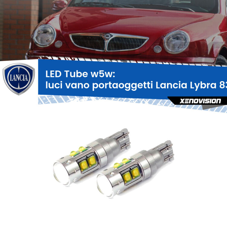 <strong>Luci Vano Portaoggetti LED 6000k per Lancia Lybra</strong> 839 1999 - 2005. Lampadine <strong>W5W</strong> canbus modello Tube, luce bianco lunare, lunga durata e compatibilità.