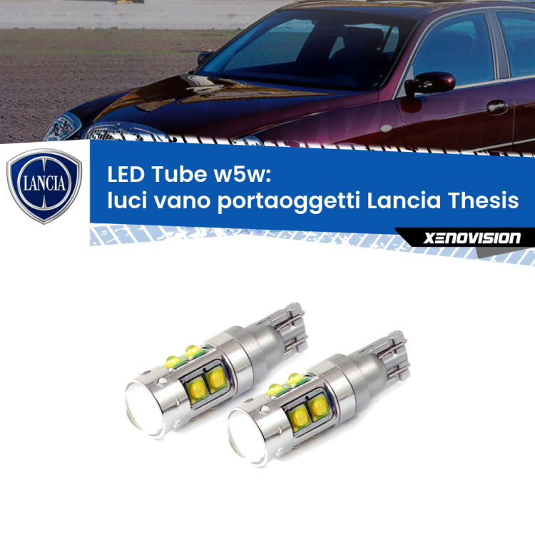 <strong>Luci Vano Portaoggetti LED 6000k per Lancia Thesis</strong>  2002 - 2009. Lampadine <strong>W5W</strong> canbus modello Tube, luce bianco lunare, lunga durata e compatibilità.