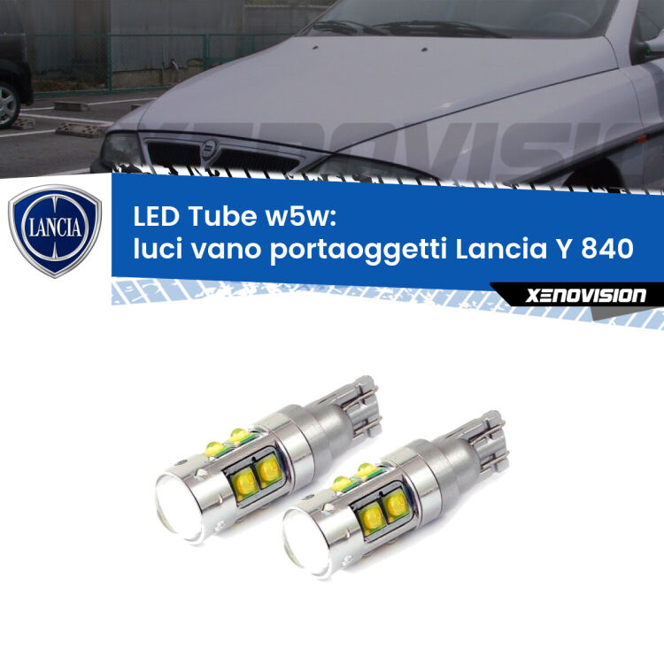 <strong>Luci Vano Portaoggetti LED 6000k per Lancia Y</strong> 840 1995 - 2003. Lampadine <strong>W5W</strong> canbus modello Tube, luce bianco lunare, lunga durata e compatibilità.