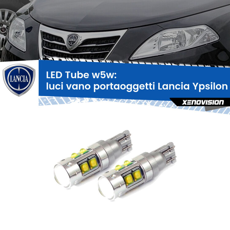 <strong>Luci Vano Portaoggetti LED 6000k per Lancia Ypsilon</strong> 312 2011 in poi. Lampadine <strong>W5W</strong> canbus modello Tube, luce bianco lunare, lunga durata e compatibilità.