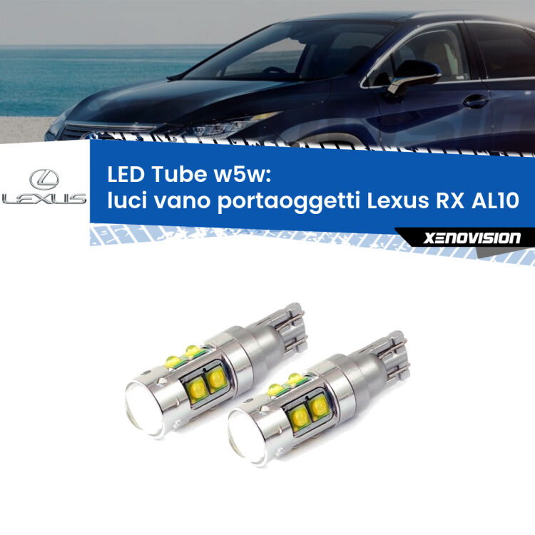 <strong>Luci Vano Portaoggetti LED 6000k per Lexus RX</strong> AL10 2008 - 2015. Lampadine <strong>W5W</strong> canbus modello Tube, luce bianco lunare, lunga durata e compatibilità.