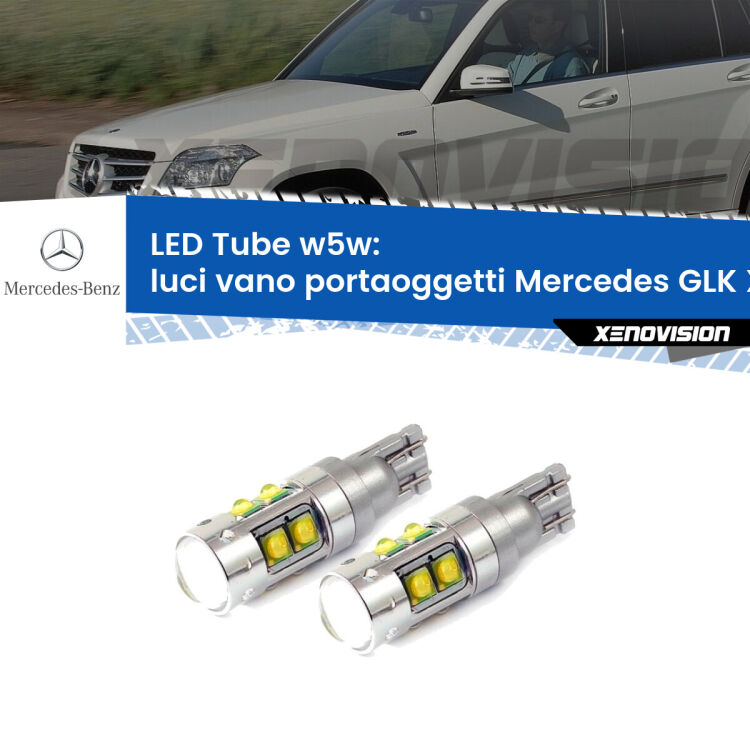 <strong>Luci Vano Portaoggetti LED 6000k per Mercedes GLK</strong> X204 2008 - 2015. Lampadine <strong>W5W</strong> canbus modello Tube, luce bianco lunare, lunga durata e compatibilità.