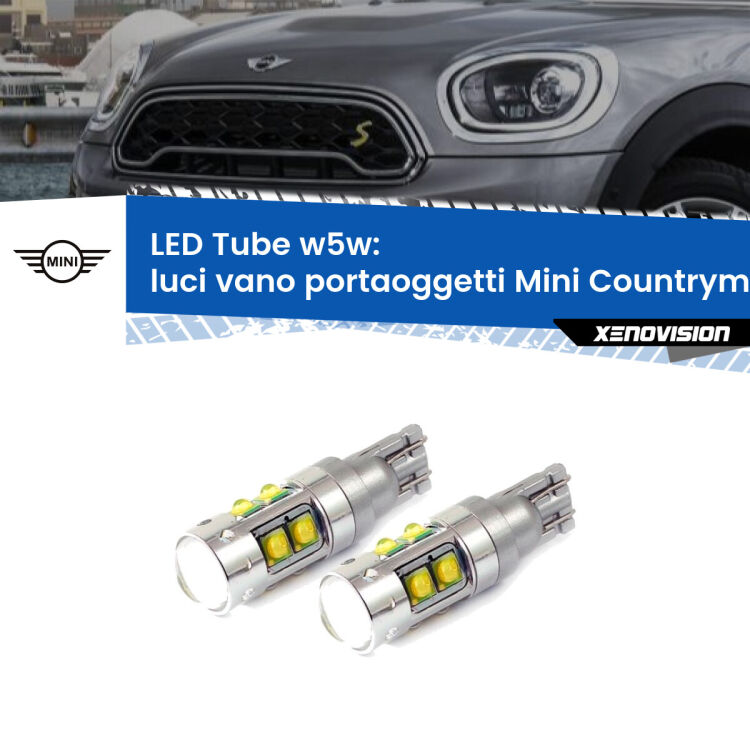 <strong>Luci Vano Portaoggetti LED 6000k per Mini Countryman</strong> F60 2016 - 2019. Lampadine <strong>W5W</strong> canbus modello Tube, luce bianco lunare, lunga durata e compatibilità.