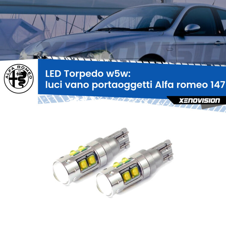 <strong>Luci Vano Portaoggetti LED 6000k per Alfa romeo 147</strong>  2000 - 2010. Lampadine <strong>W5W</strong> canbus modello Tube, luce bianco lunare, lunga durata e compatibilità.