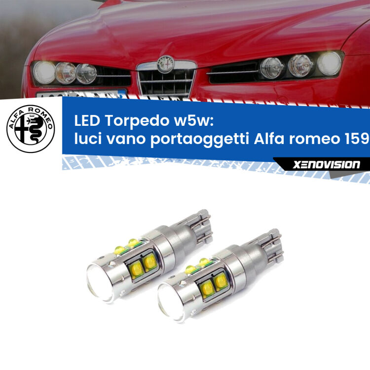 <strong>Luci Vano Portaoggetti LED 6000k per Alfa romeo 159</strong>  2005 - 2012. Lampadine <strong>W5W</strong> canbus modello Tube, luce bianco lunare, lunga durata e compatibilità.