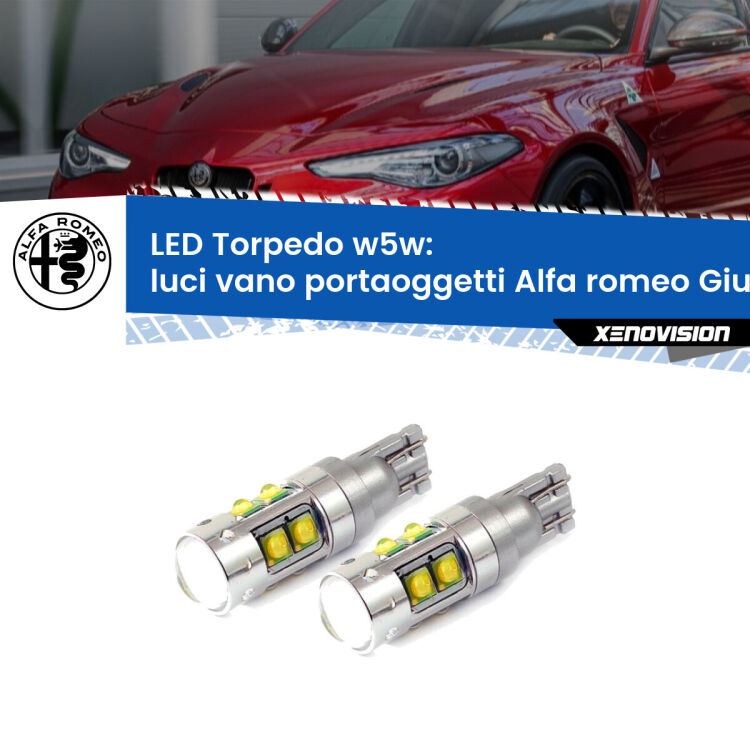 <strong>Luci Vano Portaoggetti LED 6000k per Alfa romeo Giulia</strong>  2015 in poi. Lampadine <strong>W5W</strong> canbus modello Tube, luce bianco lunare, lunga durata e compatibilità.