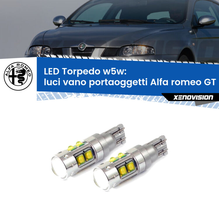 <strong>Luci Vano Portaoggetti LED 6000k per Alfa romeo GT</strong>  2003 - 2010. Lampadine <strong>W5W</strong> canbus modello Tube, luce bianco lunare, lunga durata e compatibilità.