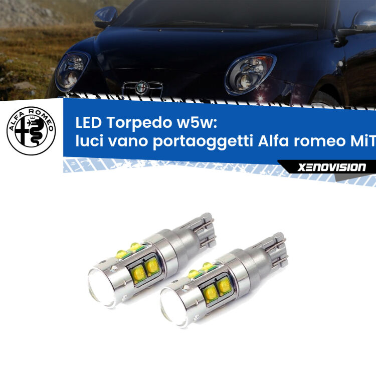 <strong>Luci Vano Portaoggetti LED 6000k per Alfa romeo MiTo</strong>  2008 - 2018. Lampadine <strong>W5W</strong> canbus modello Tube, luce bianco lunare, lunga durata e compatibilità.