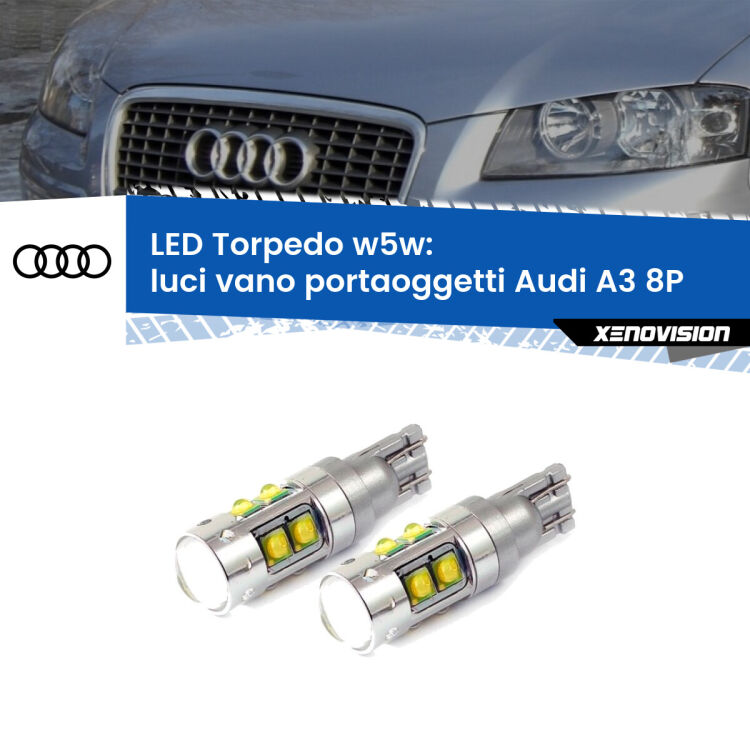 <strong>Luci Vano Portaoggetti LED 6000k per Audi A3</strong> 8P 2003 - 2012. Lampadine <strong>W5W</strong> canbus modello Tube, luce bianco lunare, lunga durata e compatibilità.