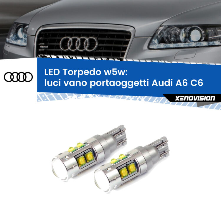 <strong>Luci Vano Portaoggetti LED 6000k per Audi A6</strong> C6 2004 - 2011. Lampadine <strong>W5W</strong> canbus modello Tube, luce bianco lunare, lunga durata e compatibilità.