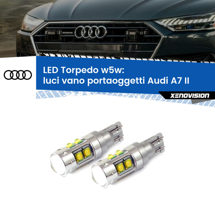 <strong>Luci Vano Portaoggetti LED 6000k per Audi A7</strong> II 2019 in poi. Lampadine <strong>W5W</strong> canbus modello Torpedo.