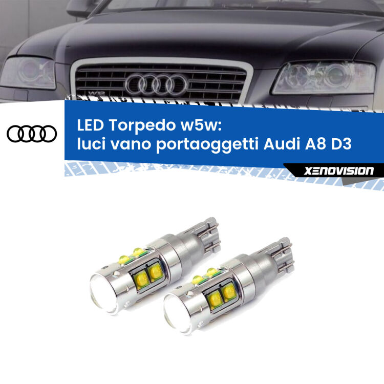 <strong>Luci Vano Portaoggetti LED 6000k per Audi A8</strong> D3 2002 - 2009. Lampadine <strong>W5W</strong> canbus modello Tube, luce bianco lunare, lunga durata e compatibilità.