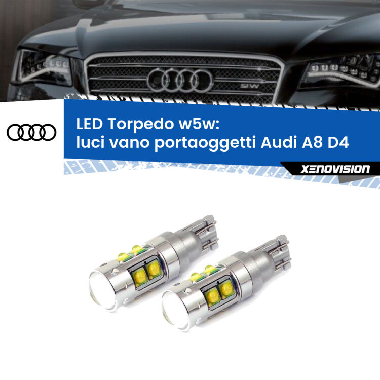 <strong>Luci Vano Portaoggetti LED 6000k per Audi A8</strong> D4 2009 - 2018. Lampadine <strong>W5W</strong> canbus modello Torpedo.