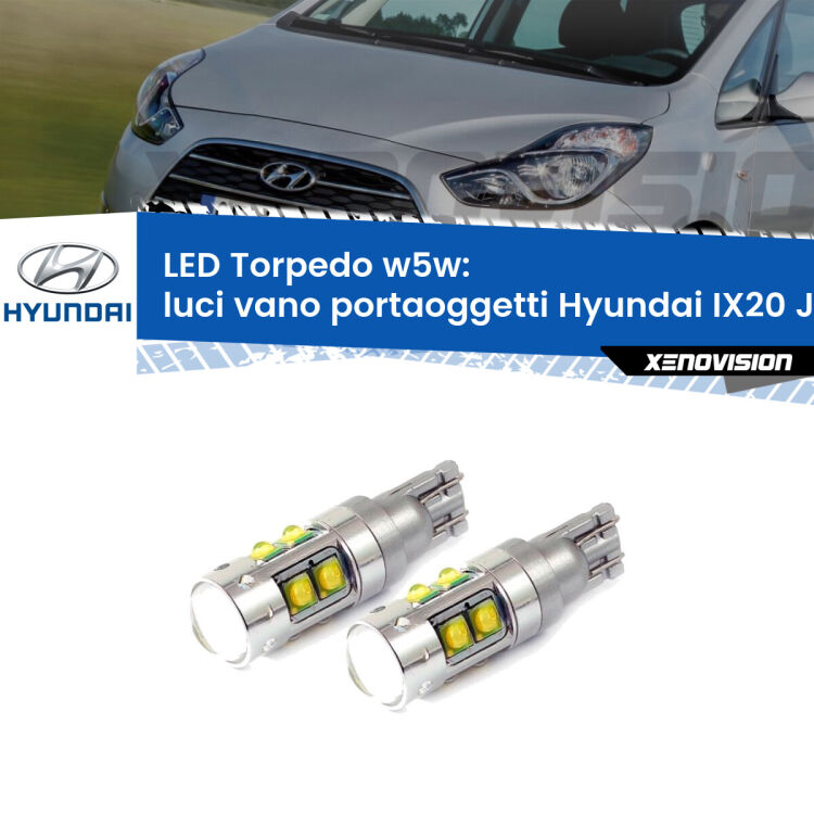 <strong>Luci Vano Portaoggetti LED 6000k per Hyundai IX20</strong> JC 2010 in poi. Lampadine <strong>W5W</strong> canbus modello Tube, luce bianco lunare, lunga durata e compatibilità.