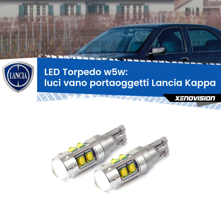 <strong>Luci Vano Portaoggetti LED 6000k per Lancia Kappa</strong>  1994 - 2001. Lampadine <strong>W5W</strong> canbus modello Tube, luce bianco lunare, lunga durata e compatibilità.