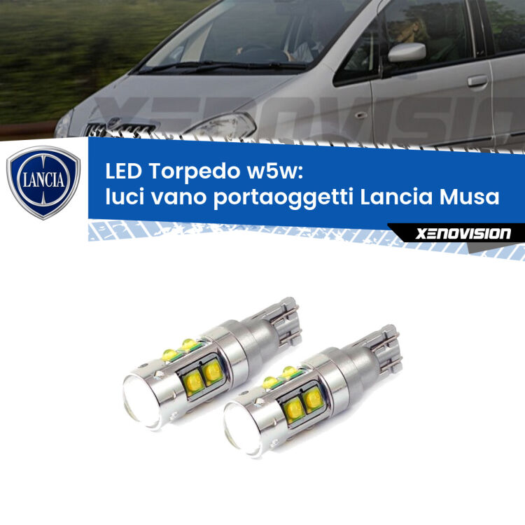 <strong>Luci Vano Portaoggetti LED 6000k per Lancia Musa</strong>  2004 - 2012. Lampadine <strong>W5W</strong> canbus modello Tube, luce bianco lunare, lunga durata e compatibilità.