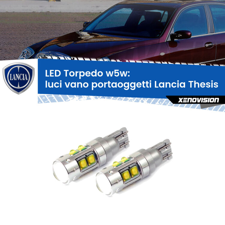 <strong>Luci Vano Portaoggetti LED 6000k per Lancia Thesis</strong>  2002 - 2009. Lampadine <strong>W5W</strong> canbus modello Tube, luce bianco lunare, lunga durata e compatibilità.