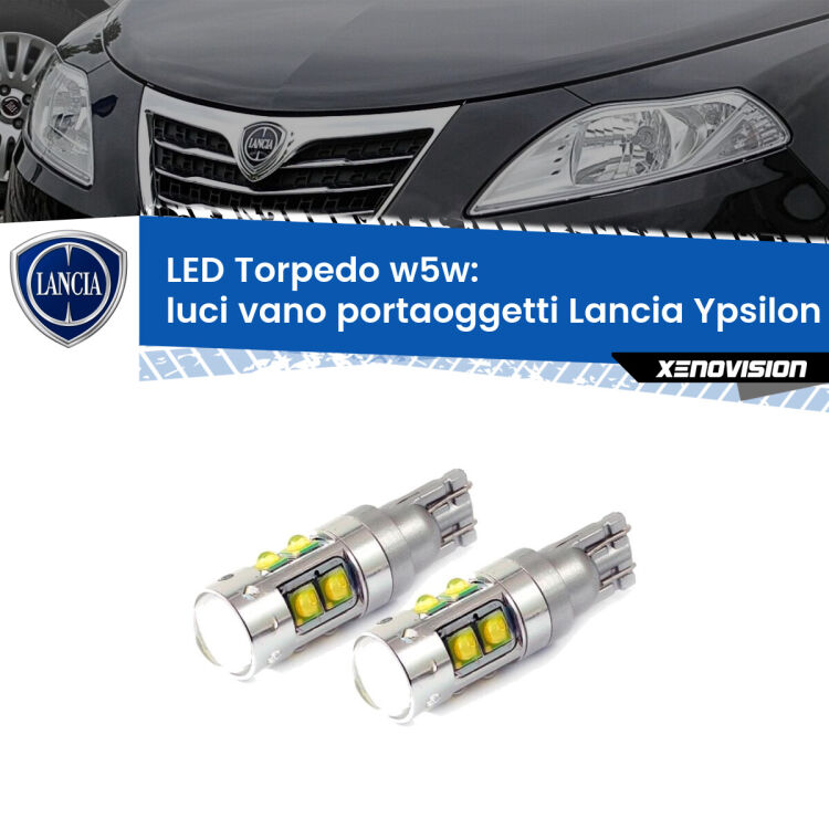 <strong>Luci Vano Portaoggetti LED 6000k per Lancia Ypsilon</strong> 312 2011 in poi. Lampadine <strong>W5W</strong> canbus modello Tube, luce bianco lunare, lunga durata e compatibilità.