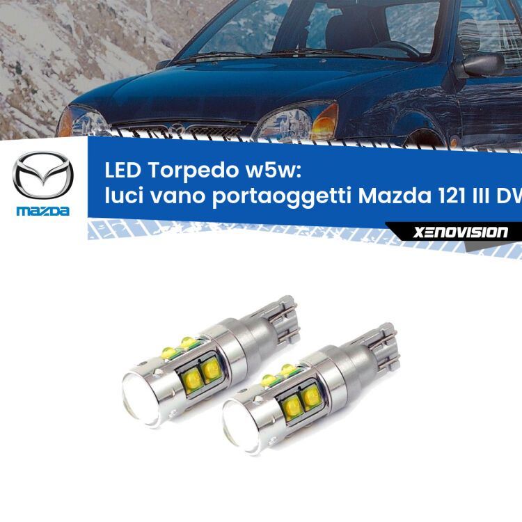 <strong>Luci Vano Portaoggetti LED 6000k per Mazda 121 III</strong> DW 1996 - 2003. Lampadine <strong>W5W</strong> canbus modello Tube, luce bianco lunare, lunga durata e compatibilità.