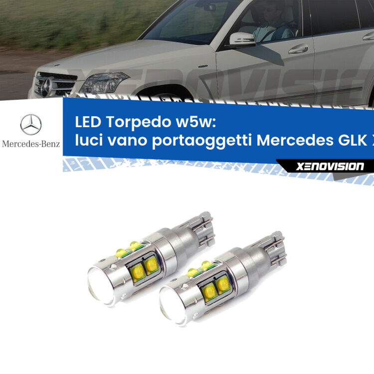 <strong>Luci Vano Portaoggetti LED 6000k per Mercedes GLK</strong> X204 2008 - 2015. Lampadine <strong>W5W</strong> canbus modello Tube, luce bianco lunare, lunga durata e compatibilità.