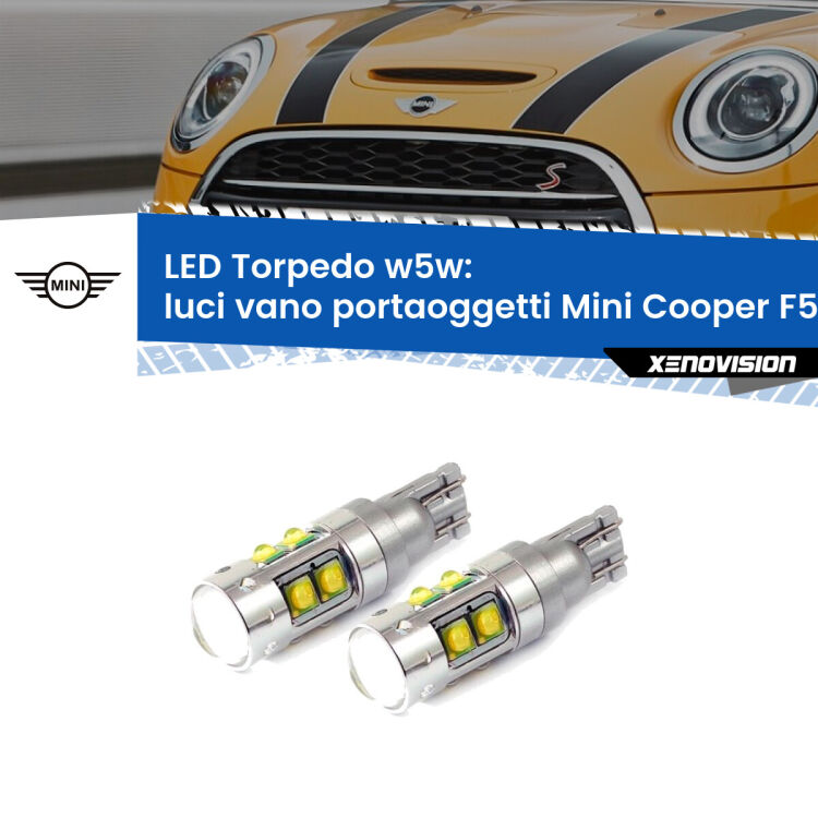 <strong>Luci Vano Portaoggetti LED 6000k per Mini Cooper</strong> F55 F56 2013 - 2017. Lampadine <strong>W5W</strong> canbus modello Torpedo.