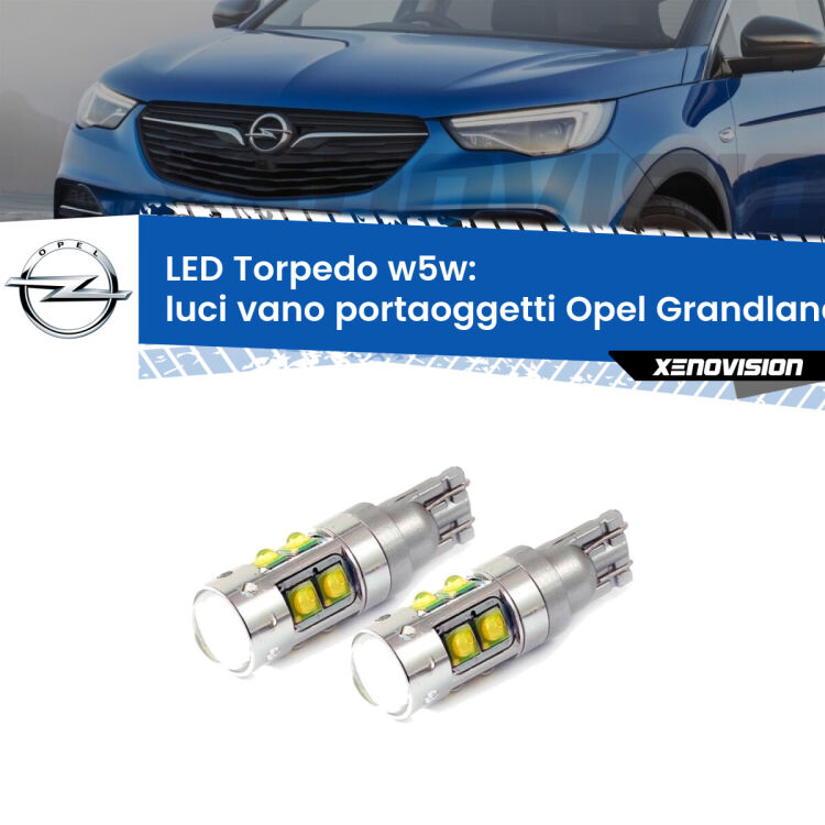 <strong>Luci Vano Portaoggetti LED 6000k per Opel Grandland</strong>  2017 in poi. Lampadine <strong>W5W</strong> canbus modello Tube, luce bianco lunare, lunga durata e compatibilità.