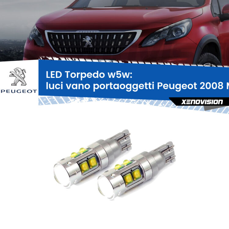 <strong>Luci Vano Portaoggetti LED 6000k per Peugeot 2008</strong> Mk1 2013 - 2018. Lampadine <strong>W5W</strong> canbus modello Tube, luce bianco lunare, lunga durata e compatibilità.