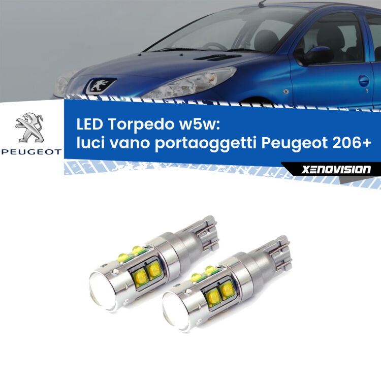 <strong>Luci Vano Portaoggetti LED 6000k per Peugeot 206+</strong>  2009 - 2013. Lampadine <strong>W5W</strong> canbus modello Tube, luce bianco lunare, lunga durata e compatibilità.