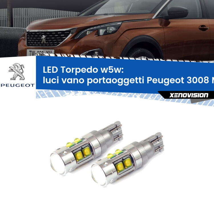 <strong>Luci Vano Portaoggetti LED 6000k per Peugeot 3008</strong> Mk1 2008 - 2015. Lampadine <strong>W5W</strong> canbus modello Tube, luce bianco lunare, lunga durata e compatibilità.