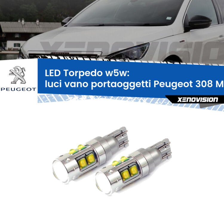 <strong>Luci Vano Portaoggetti LED 6000k per Peugeot 308</strong> Mk1 2007 - 2012. Lampadine <strong>W5W</strong> canbus modello Tube, luce bianco lunare, lunga durata e compatibilità.