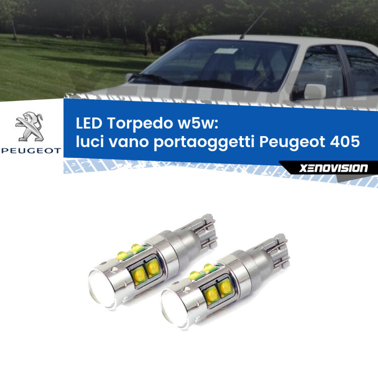 <strong>Luci Vano Portaoggetti LED 6000k per Peugeot 405</strong>  1987 - 1997. Lampadine <strong>W5W</strong> canbus modello Tube, luce bianco lunare, lunga durata e compatibilità.