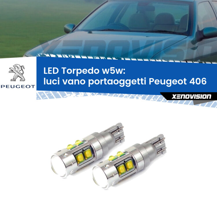 <strong>Luci Vano Portaoggetti LED 6000k per Peugeot 406</strong>  1995 - 2004. Lampadine <strong>W5W</strong> canbus modello Tube, luce bianco lunare, lunga durata e compatibilità.