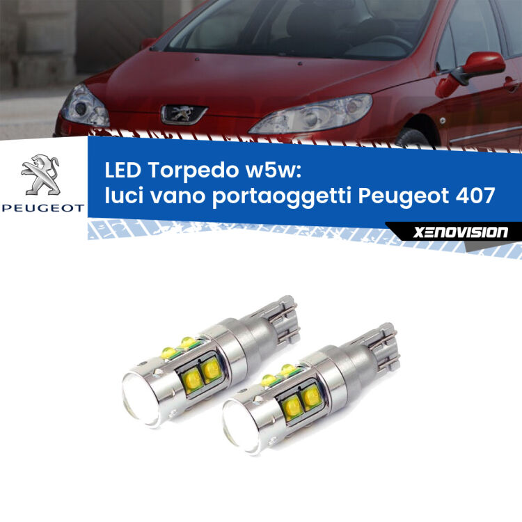 <strong>Luci Vano Portaoggetti LED 6000k per Peugeot 407</strong>  2004 - 2011. Lampadine <strong>W5W</strong> canbus modello Tube, luce bianco lunare, lunga durata e compatibilità.