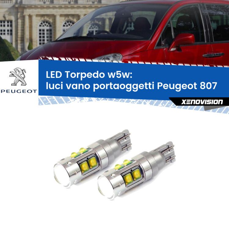 <strong>Luci Vano Portaoggetti LED 6000k per Peugeot 807</strong>  2002 - 2010. Lampadine <strong>W5W</strong> canbus modello Tube, luce bianco lunare, lunga durata e compatibilità.