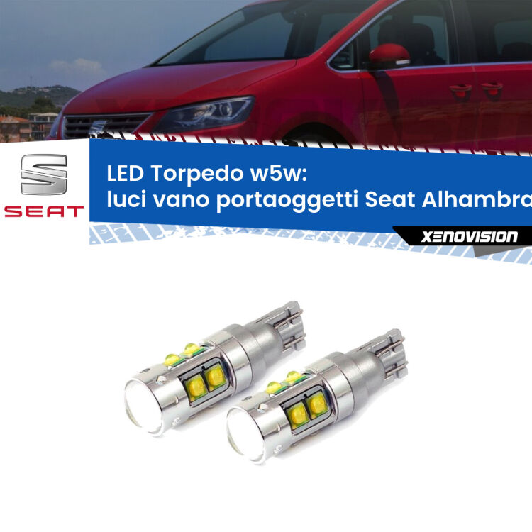 <strong>Luci Vano Portaoggetti LED 6000k per Seat Alhambra</strong> 7M 1996 - 2010. Lampadine <strong>W5W</strong> canbus modello Tube, luce bianco lunare, lunga durata e compatibilità.