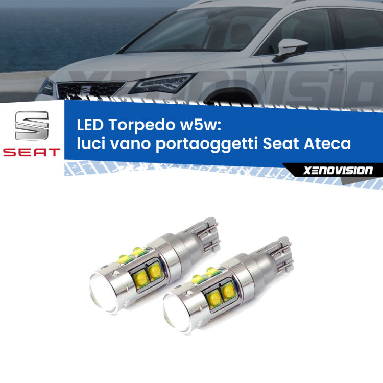 <strong>Luci Vano Portaoggetti LED 6000k per Seat Ateca</strong>  2016 in poi. Lampadine <strong>W5W</strong> canbus modello Tube, luce bianco lunare, lunga durata e compatibilità.