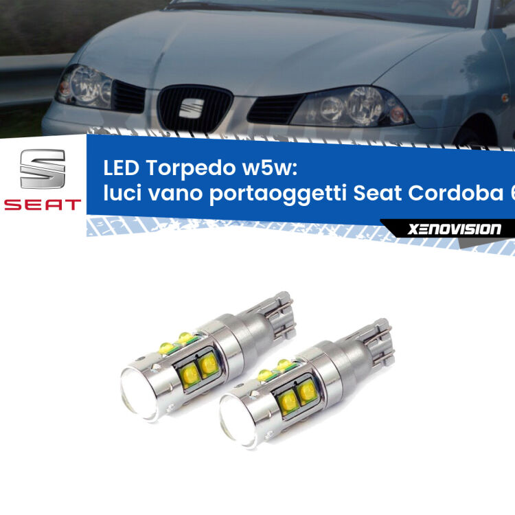 <strong>Luci Vano Portaoggetti LED 6000k per Seat Cordoba</strong> 6L 2002 - 2009. Lampadine <strong>W5W</strong> canbus modello Tube, luce bianco lunare, lunga durata e compatibilità.