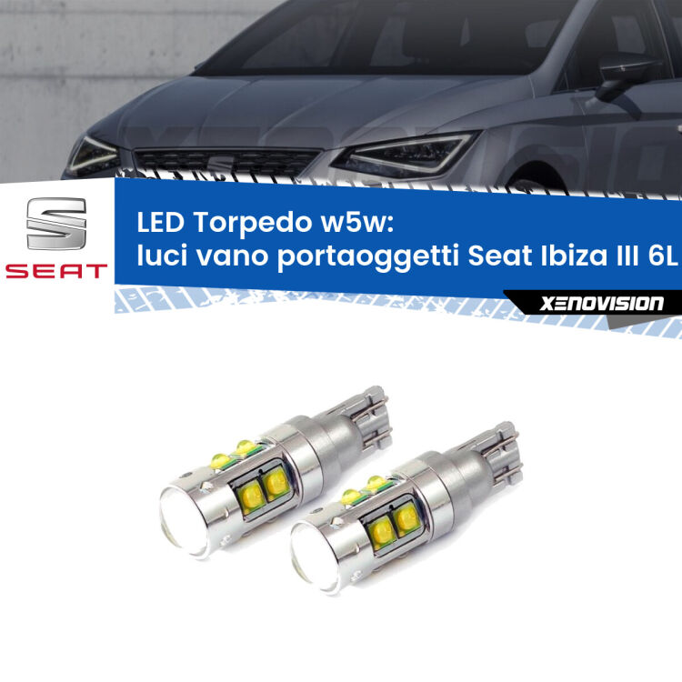 <strong>Luci Vano Portaoggetti LED 6000k per Seat Ibiza III</strong> 6L 2002 - 2009. Lampadine <strong>W5W</strong> canbus modello Tube, luce bianco lunare, lunga durata e compatibilità.