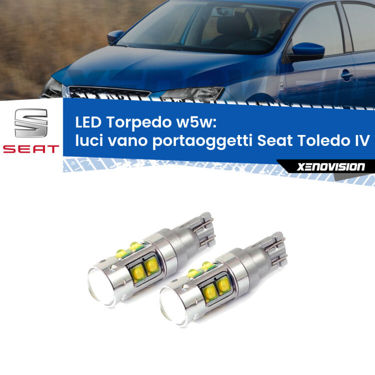 <strong>Luci Vano Portaoggetti LED 6000k per Seat Toledo IV</strong> KG 2012 - 2019. Lampadine <strong>W5W</strong> canbus modello Tube, luce bianco lunare, lunga durata e compatibilità.