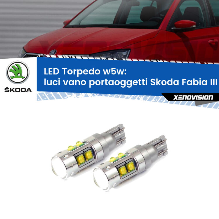 <strong>Luci Vano Portaoggetti LED 6000k per Skoda Fabia III</strong> NJ 2014 in poi. Lampadine <strong>W5W</strong> canbus modello Tube, luce bianco lunare, lunga durata e compatibilità.