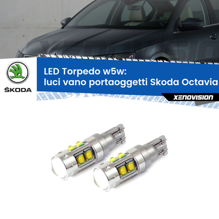 <strong>Luci Vano Portaoggetti LED 6000k per Skoda Octavia III</strong> 5E 2012 - 2018. Lampadine <strong>W5W</strong> canbus modello Tube, luce bianco lunare, lunga durata e compatibilità.