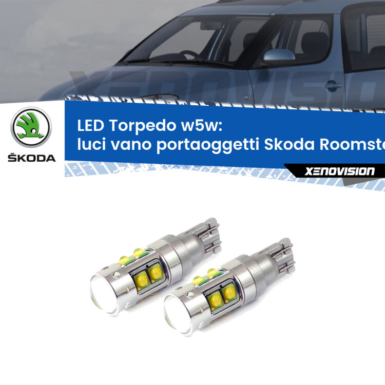 <strong>Luci Vano Portaoggetti LED 6000k per Skoda Roomster</strong> 5J 2006 - 2015. Lampadine <strong>W5W</strong> canbus modello Tube, luce bianco lunare, lunga durata e compatibilità.