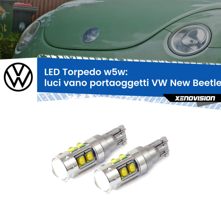 <strong>Luci Vano Portaoggetti LED 6000k per VW New Beetle</strong>  1998 - 2010. Lampadine <strong>W5W</strong> canbus modello Tube, luce bianco lunare, lunga durata e compatibilità.