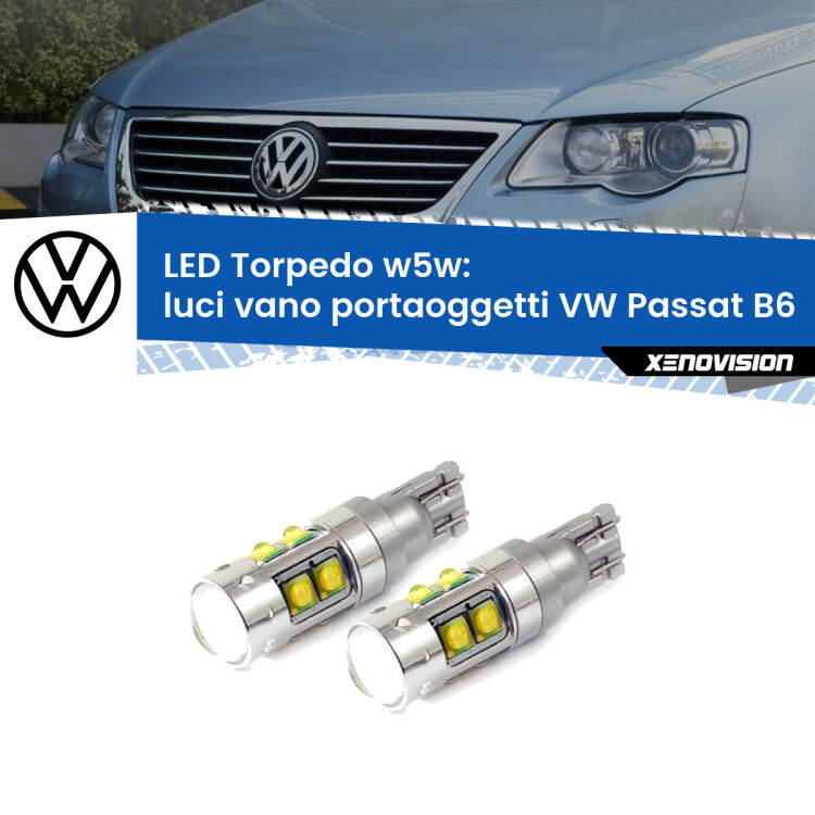 <strong>Luci Vano Portaoggetti LED 6000k per VW Passat</strong> B6 2005 - 2010. Lampadine <strong>W5W</strong> canbus modello Tube, luce bianco lunare, lunga durata e compatibilità.