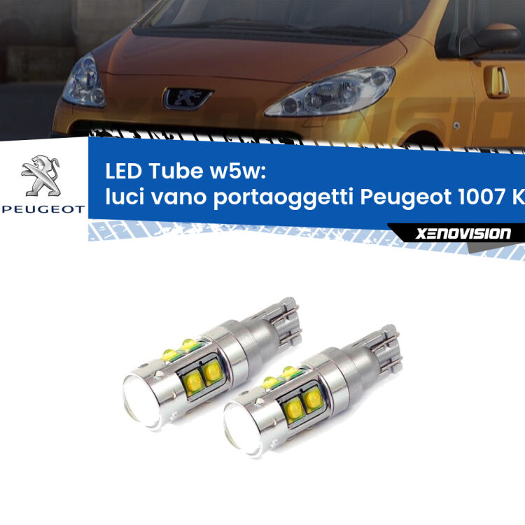 <strong>Luci Vano Portaoggetti LED 6000k per Peugeot 1007</strong> KM_ 2005 - 2009. Lampadine <strong>W5W</strong> canbus modello Tube, luce bianco lunare, lunga durata e compatibilità.