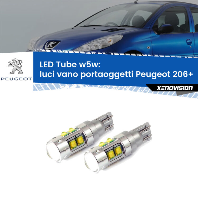 <strong>Luci Vano Portaoggetti LED 6000k per Peugeot 206+</strong>  2009 - 2013. Lampadine <strong>W5W</strong> canbus modello Tube, luce bianco lunare, lunga durata e compatibilità.