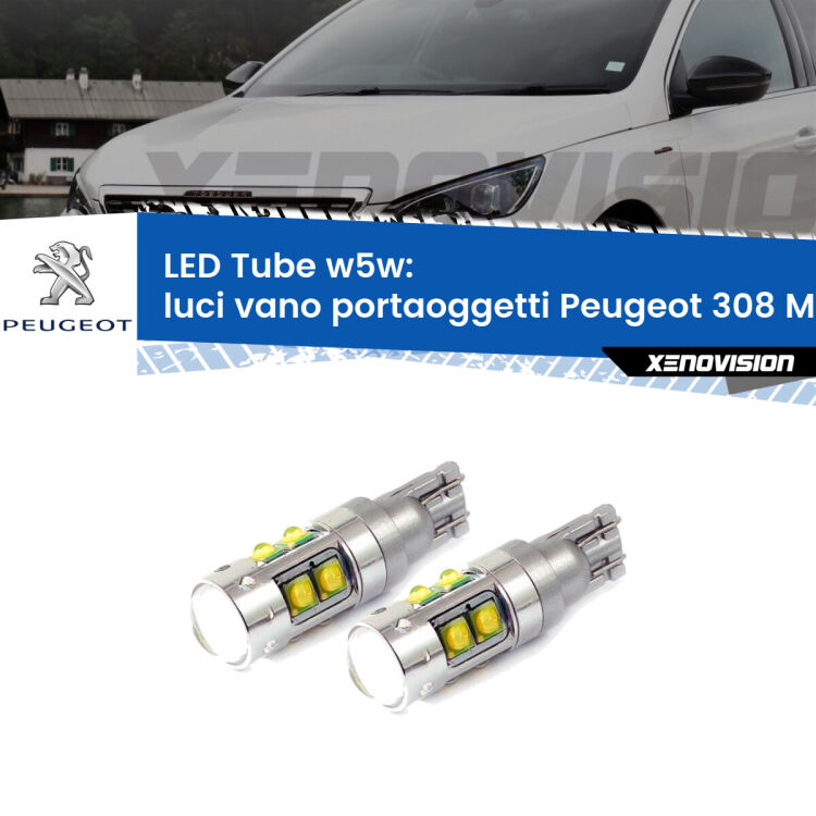 <strong>Luci Vano Portaoggetti LED 6000k per Peugeot 308</strong> Mk1 2007 - 2012. Lampadine <strong>W5W</strong> canbus modello Tube, luce bianco lunare, lunga durata e compatibilità.