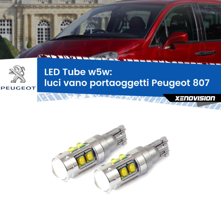 <strong>Luci Vano Portaoggetti LED 6000k per Peugeot 807</strong>  2002 - 2010. Lampadine <strong>W5W</strong> canbus modello Tube, luce bianco lunare, lunga durata e compatibilità.