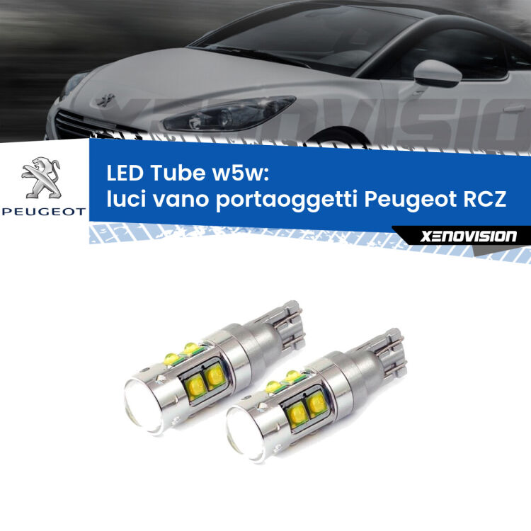 <strong>Luci Vano Portaoggetti LED 6000k per Peugeot RCZ</strong>  2010 - 2015. Lampadine <strong>W5W</strong> canbus modello Tube, luce bianco lunare, lunga durata e compatibilità.