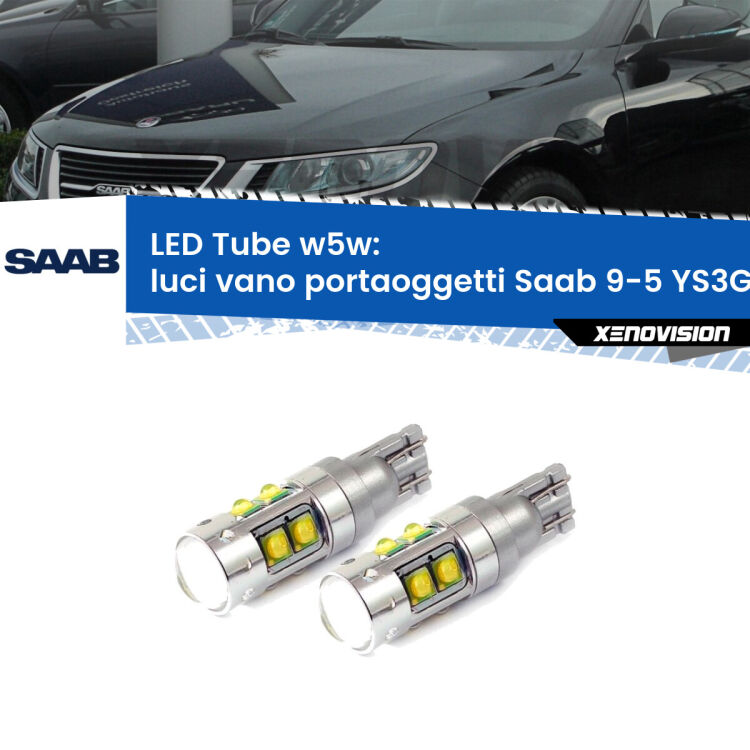 <strong>Luci Vano Portaoggetti LED 6000k per Saab 9-5</strong> YS3G 2010 - 2012. Lampadine <strong>W5W</strong> canbus modello Tube, luce bianco lunare, lunga durata e compatibilità.